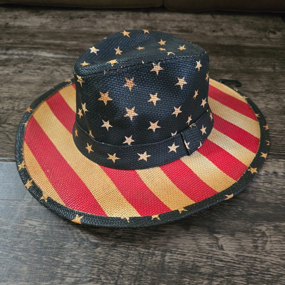 PUGS Fedora Hat Men One Size Red White Blue Excellent American Flag‎ Stars Straw